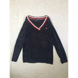 Mens Tommy Hilfiger Sweater Size Medium Navy Blue Ringer V Neck Acrylic Blend